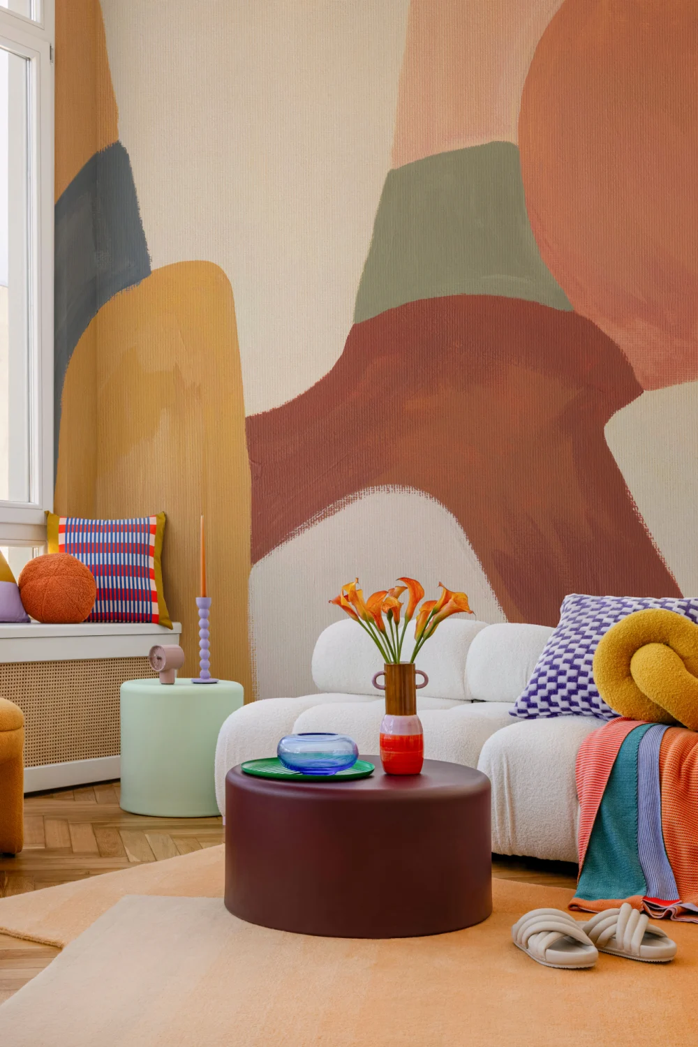 Painted Abstract Shapes Mural in Earthy Terracotta