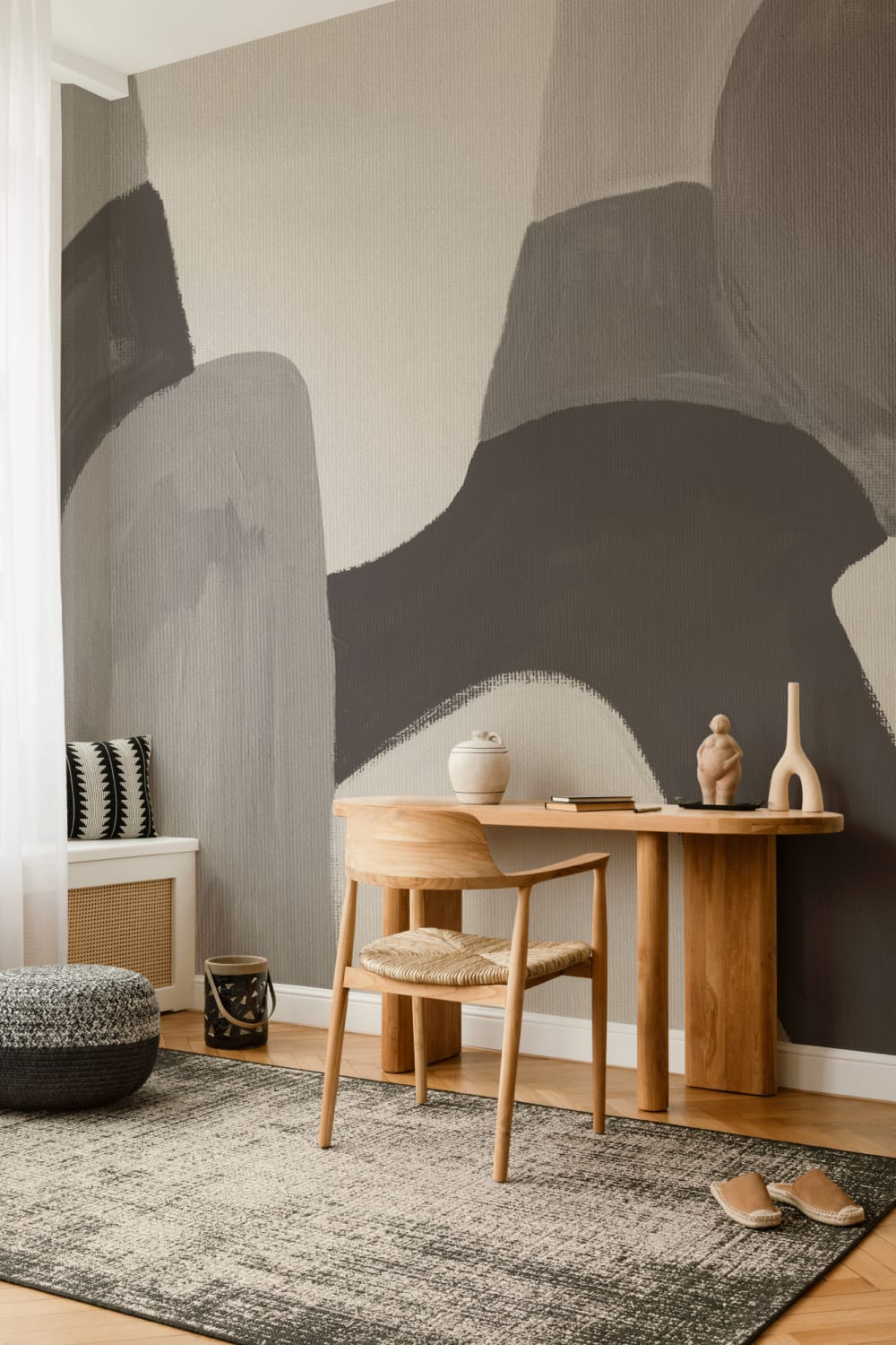 Painted Abstract Shapes Mural in Charcoal and Taupe