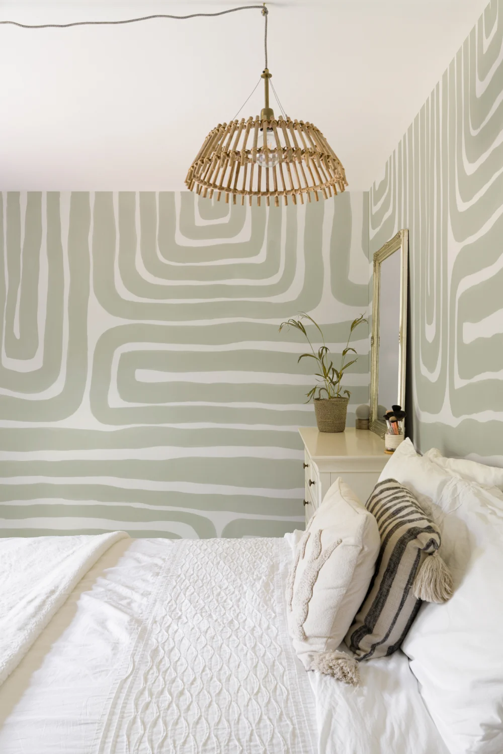 Pintado a mano laberinto Patrón Moderno geométrica Mural en verde suave