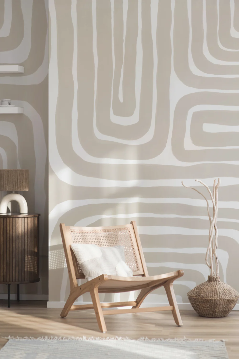 Hand Painted Maze Pattern Modern Geometric Mural in Beige