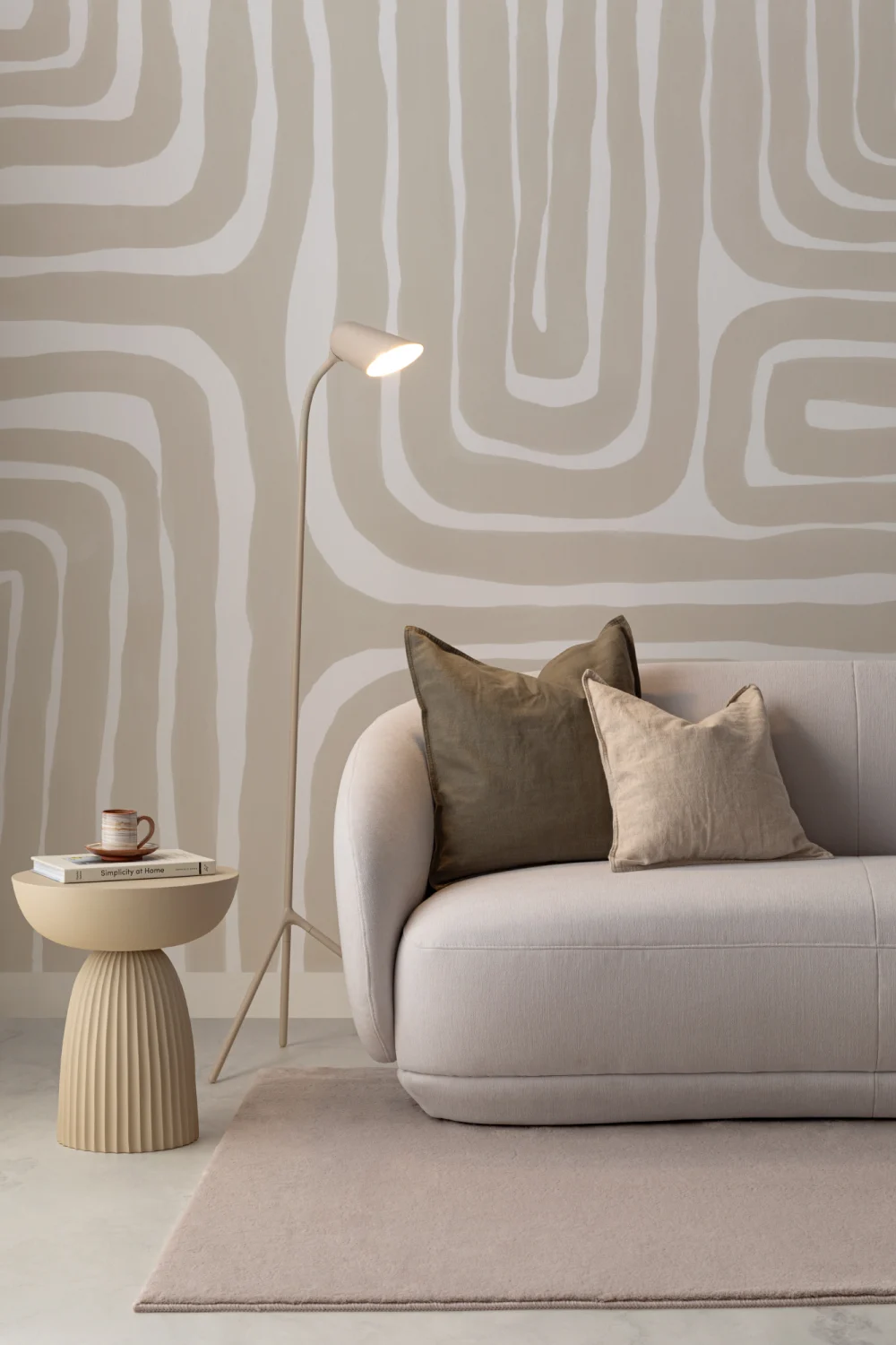 Hand Painted Maze Pattern Modern Geometric Mural in Beige