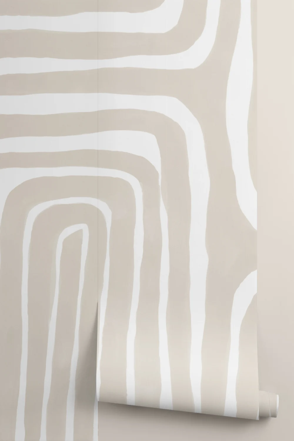Hand Painted Maze Pattern Modern Geometric Mural in Beige