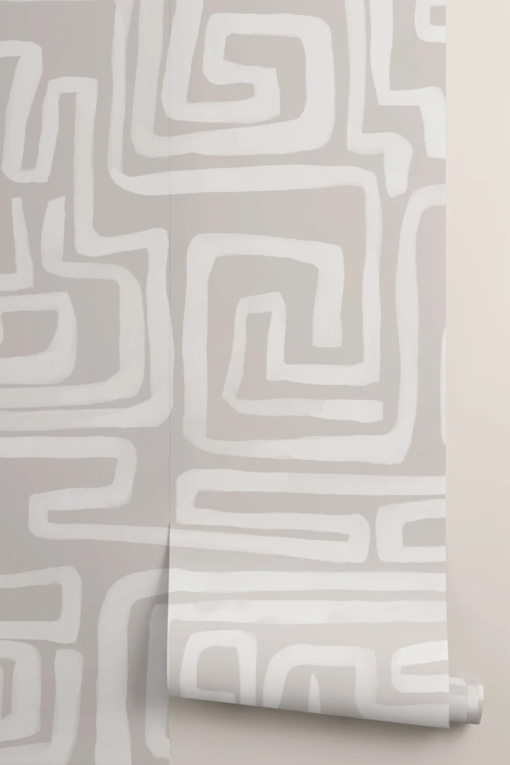 Hand-Painted Maze Pattern Mural in Beige