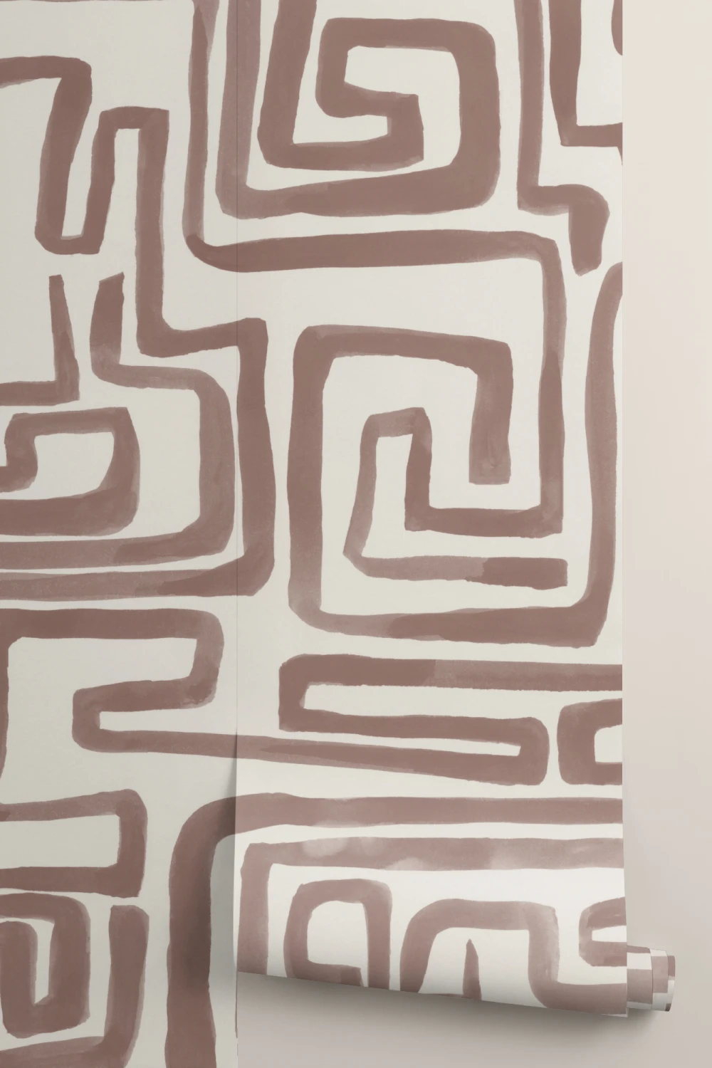 Hand-Painted Maze Pattern Mural in Brown