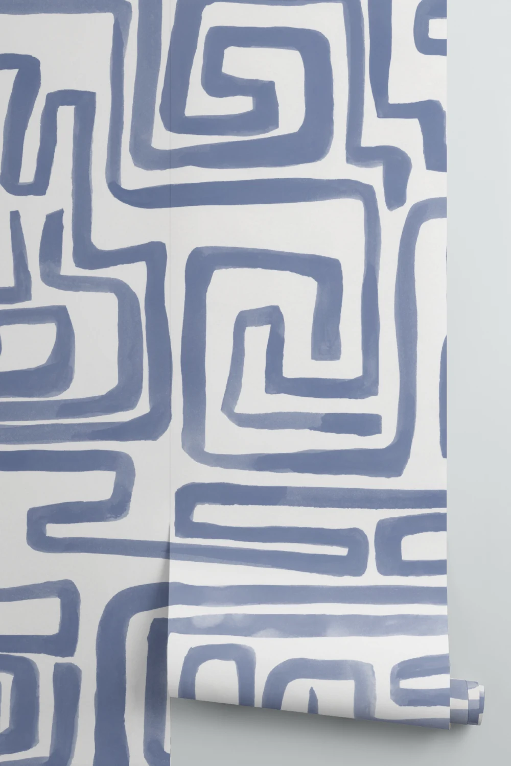 Hand-Painted Maze Pattern Mural in Blue