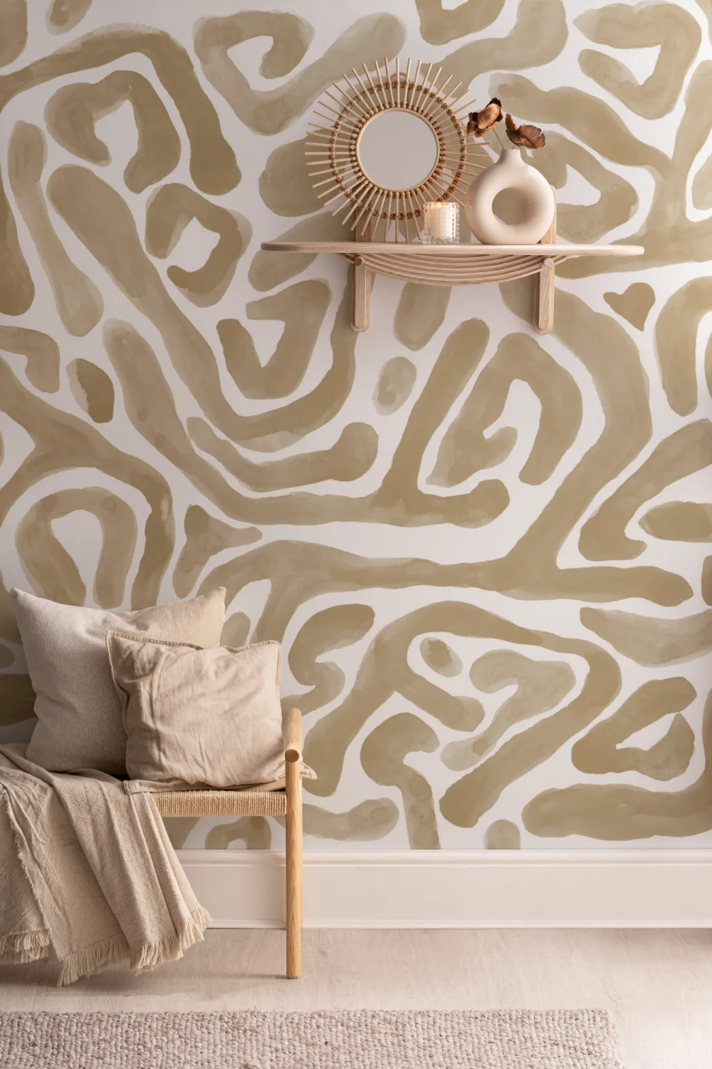 Hand-Painted Organic Flow Pattern Mural in Mustard