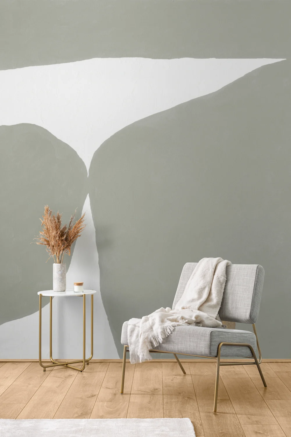 Minimal Abstract Shapes Wall Mural in Sage Green with Textured Plaster Effect