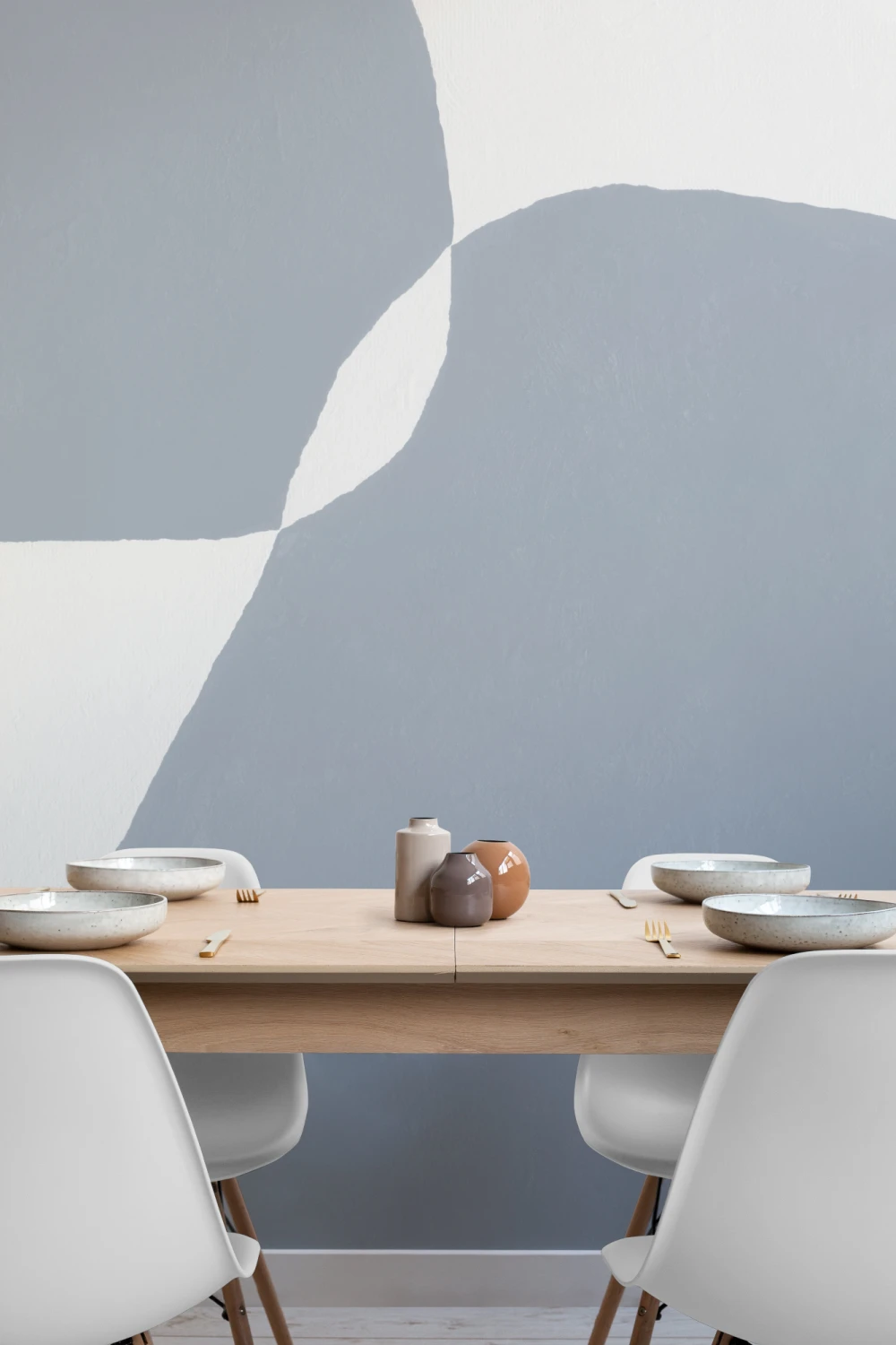 Modern Plaster-Effect Abstract Shapes Wall Mural in Blue and White