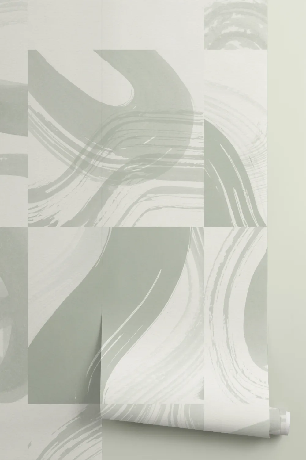 Mural de formas abstractas a tinta com azulejos verdes