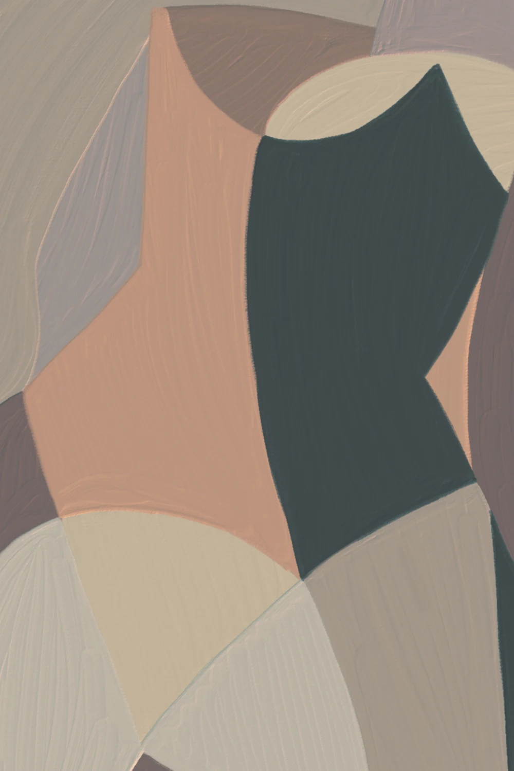 Cubist Human Form Abstract Mural in Taupe and Grey