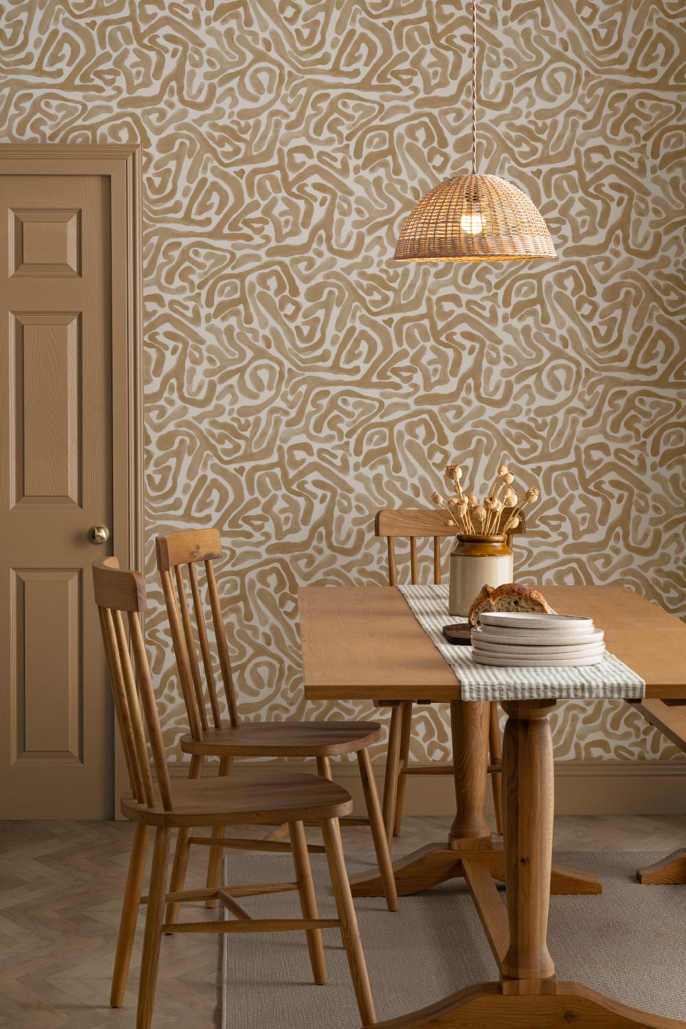 Hand-Painted Organic Maze Pattern Wallpaper in Mustard