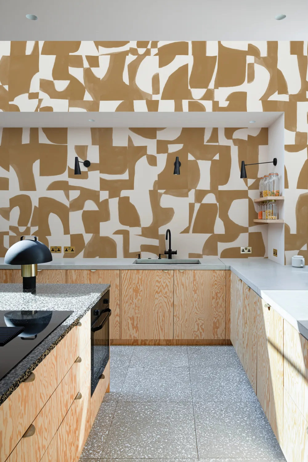 Moderne Mosterd Abstracte Muurschildering met Handgesneden Vormen en Textuureffect