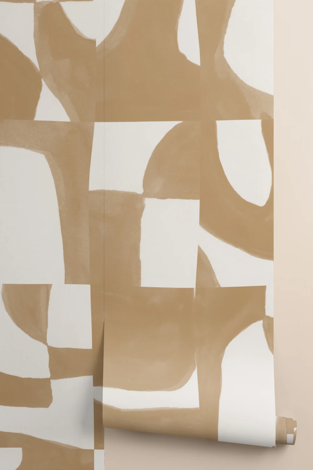 Moderne Mosterd Abstracte Muurschildering met Handgesneden Vormen en Textuureffect
