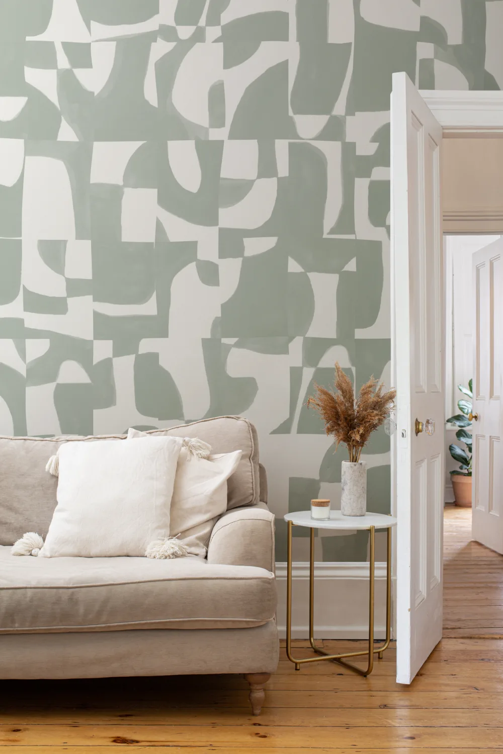 Mural de parede abstrato Sage moderno com formas cortadas à mão e efeito texturado