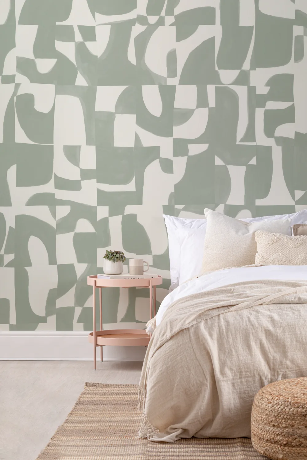 Mural de parede abstrato Sage moderno com formas cortadas à mão e efeito texturado