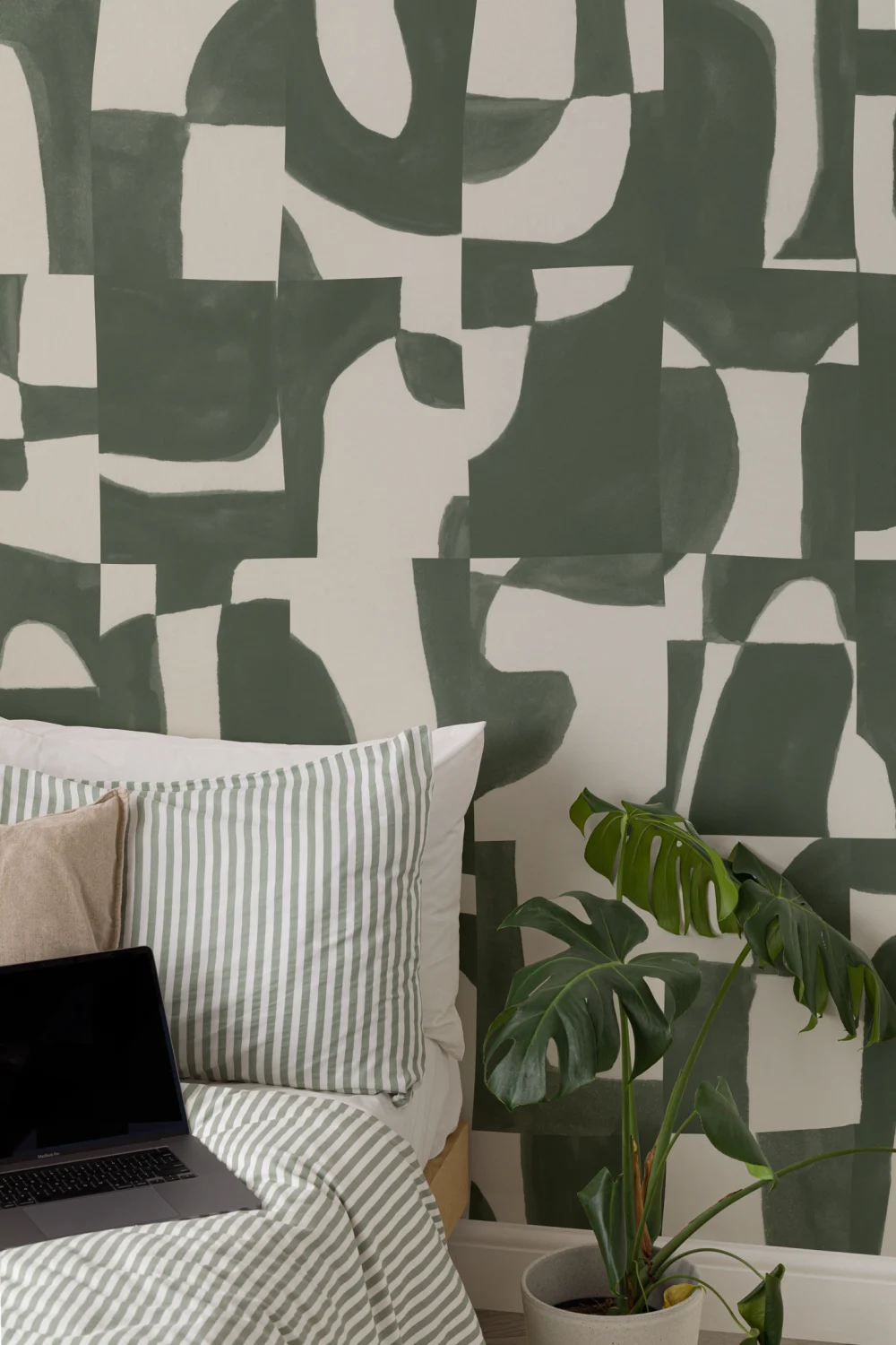 Modern Moss Abstract Wall Mural with Hand-Cut Shapes and Textured Effect