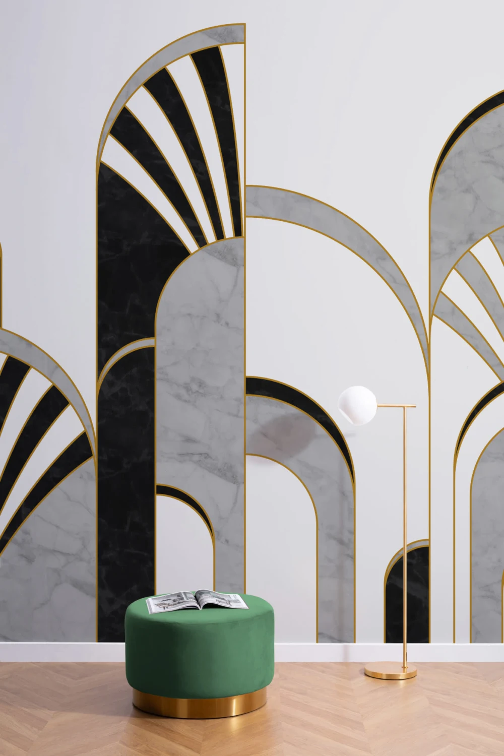 Svart, hvitt og gull Art Deco-fototapet