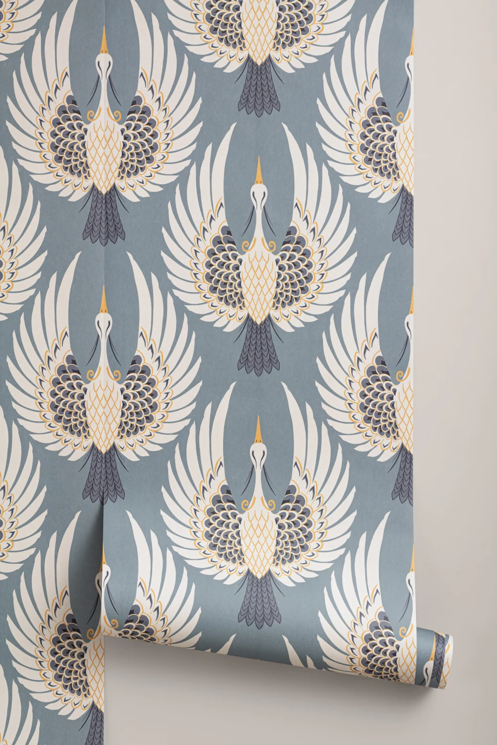 Sininen Art Deco Crane toista kuvio tapetti