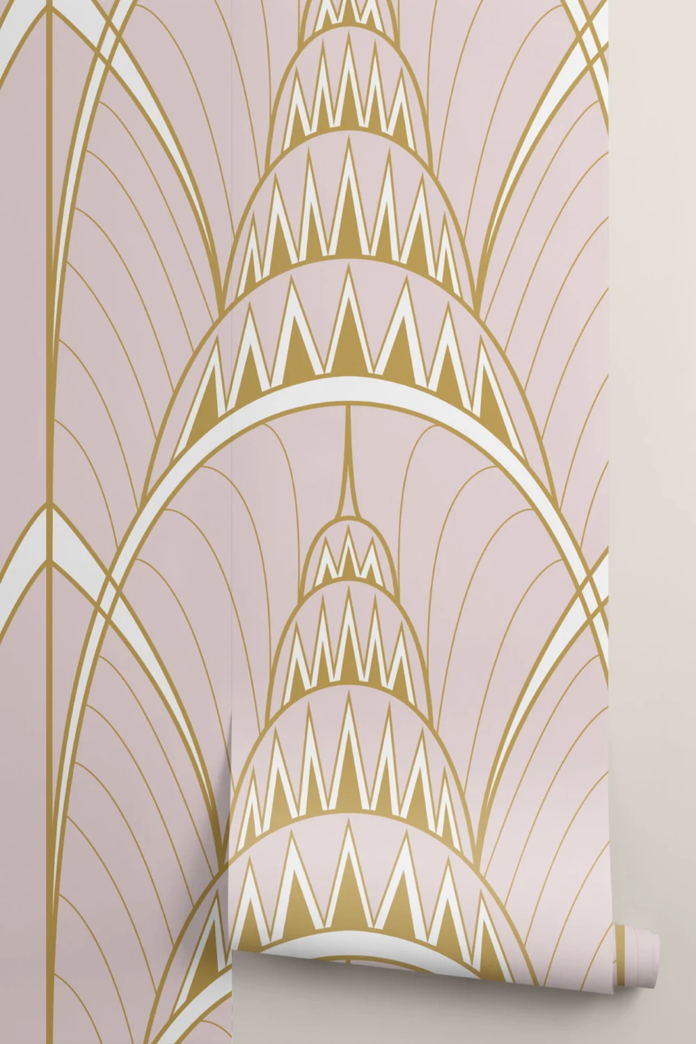 Carta da Parati Rosa in Stile Art Déco con Motivo Guglia del Chrysler Building