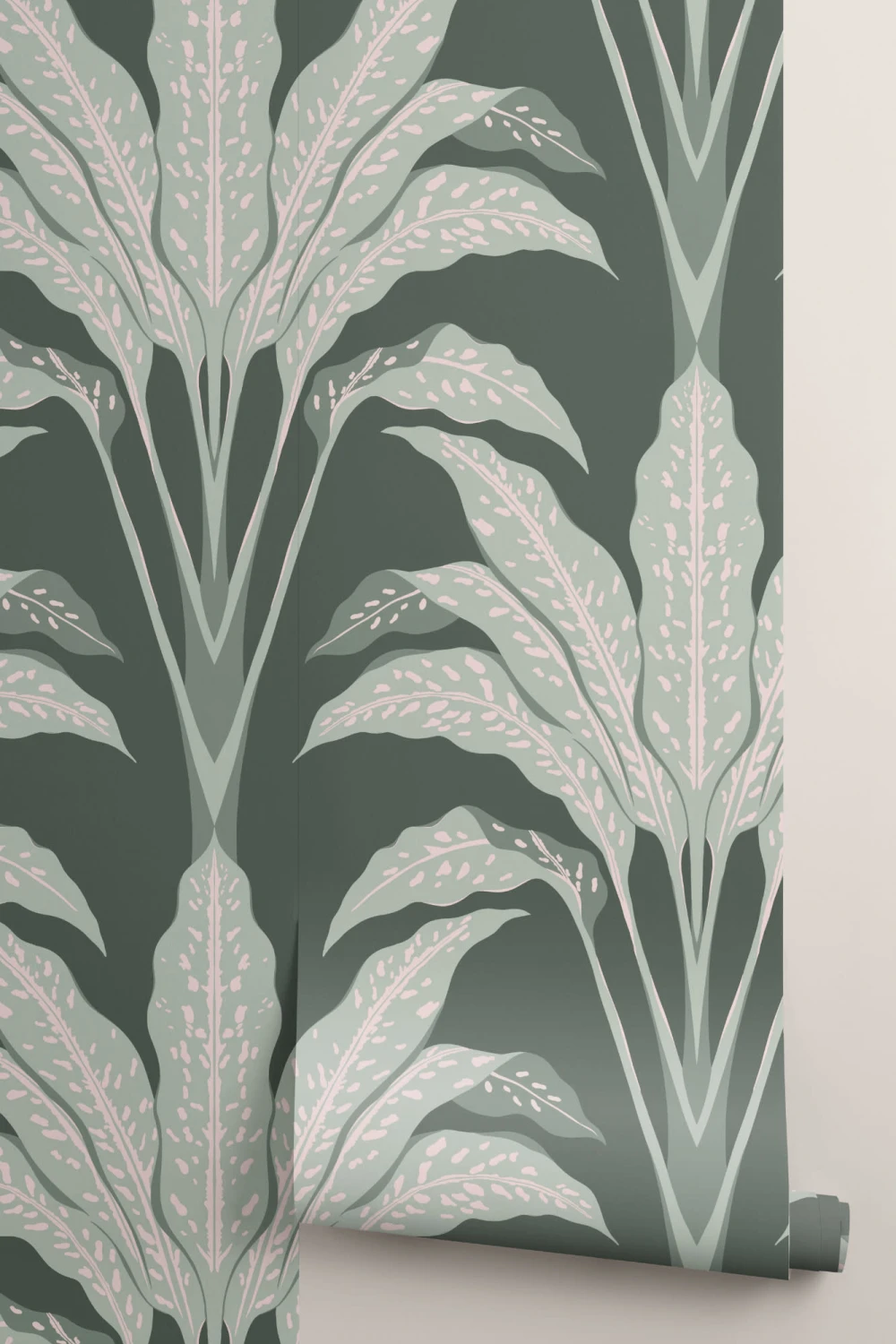Tummanvihreä Art Deco Suuri trooppinen lehdet kuvatapetti