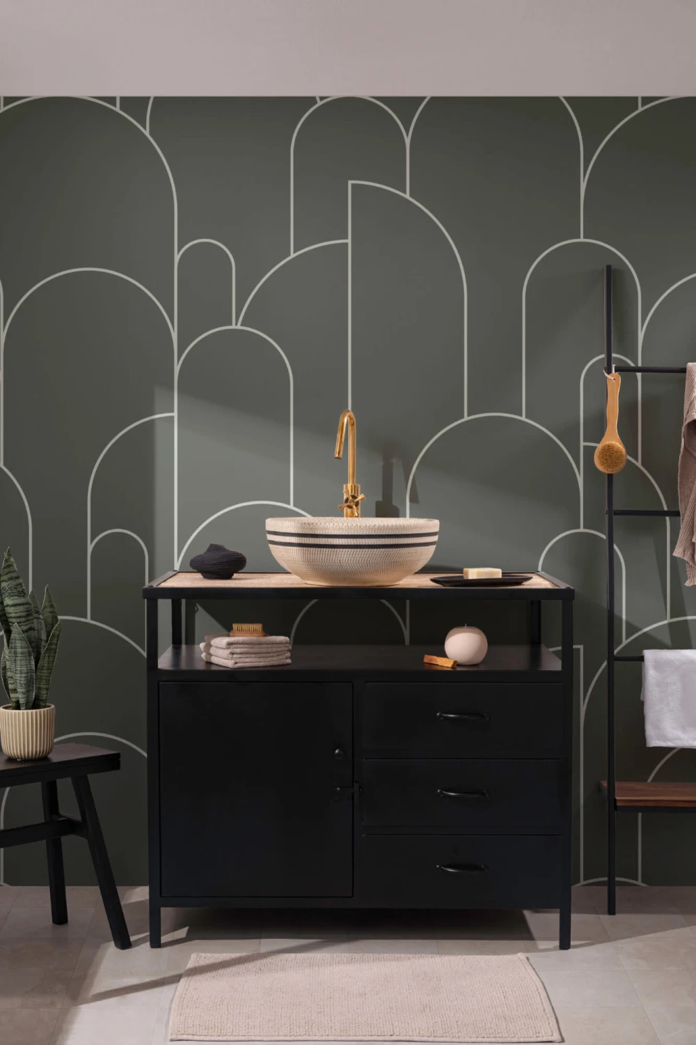 Dark Green Art Deco Arch Outlines Wallpaper Mural