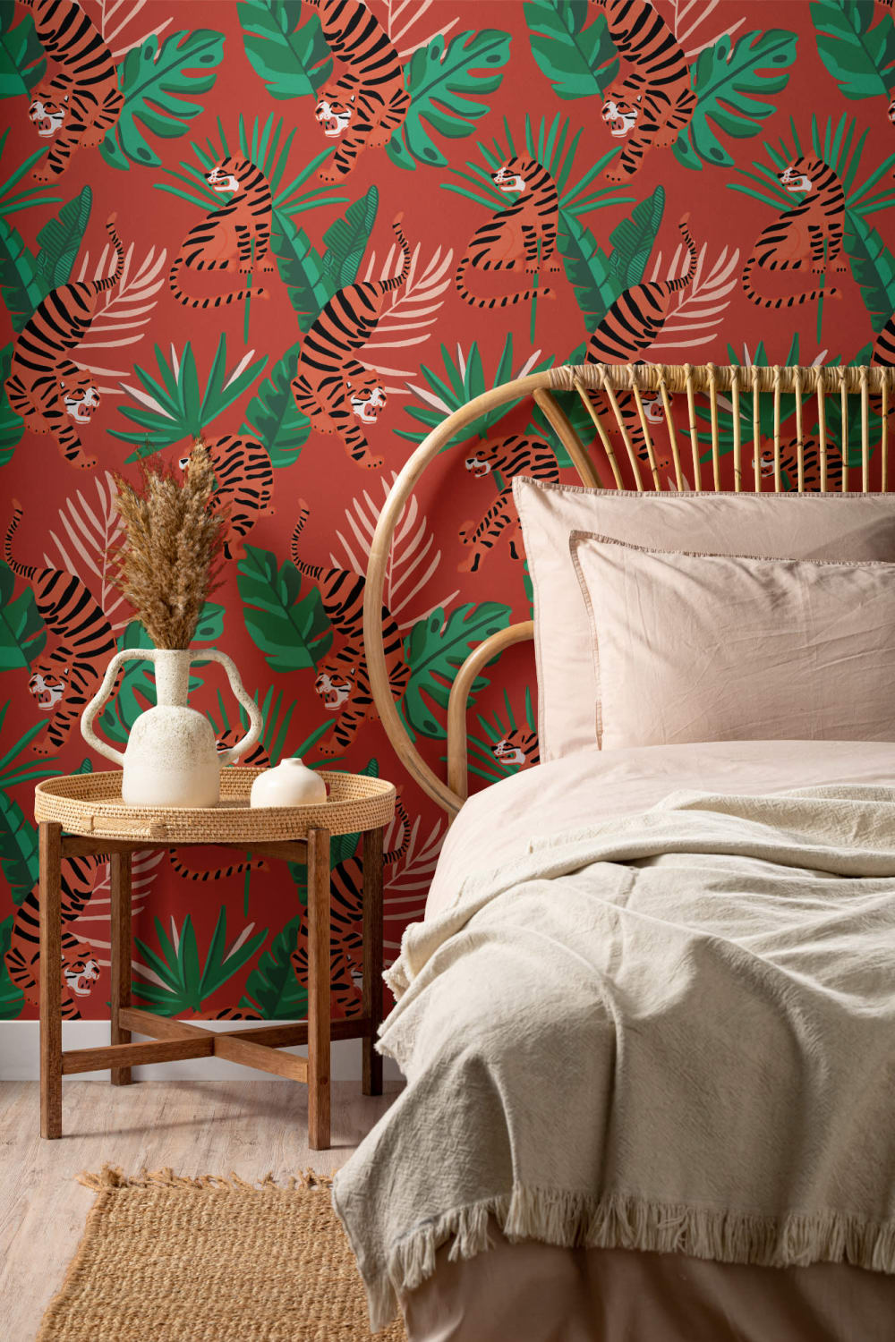 Wild Tiger Big Cat Tropical Leaves Repeat Pattern Wallpaper