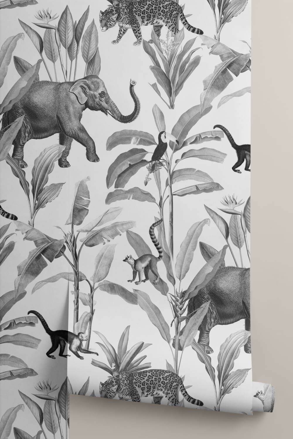 Black and Gray Illustrated Jungle Animal Repeat Pattern Wallpaper