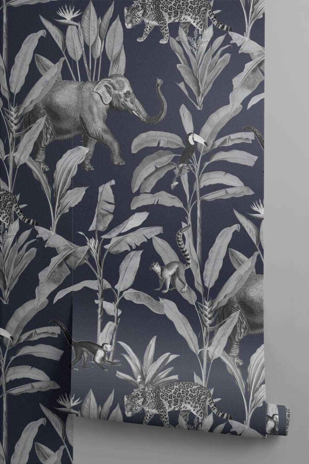 Navy and Gray Illustrated Jungle Animal Repeat Pattern Wallpaper