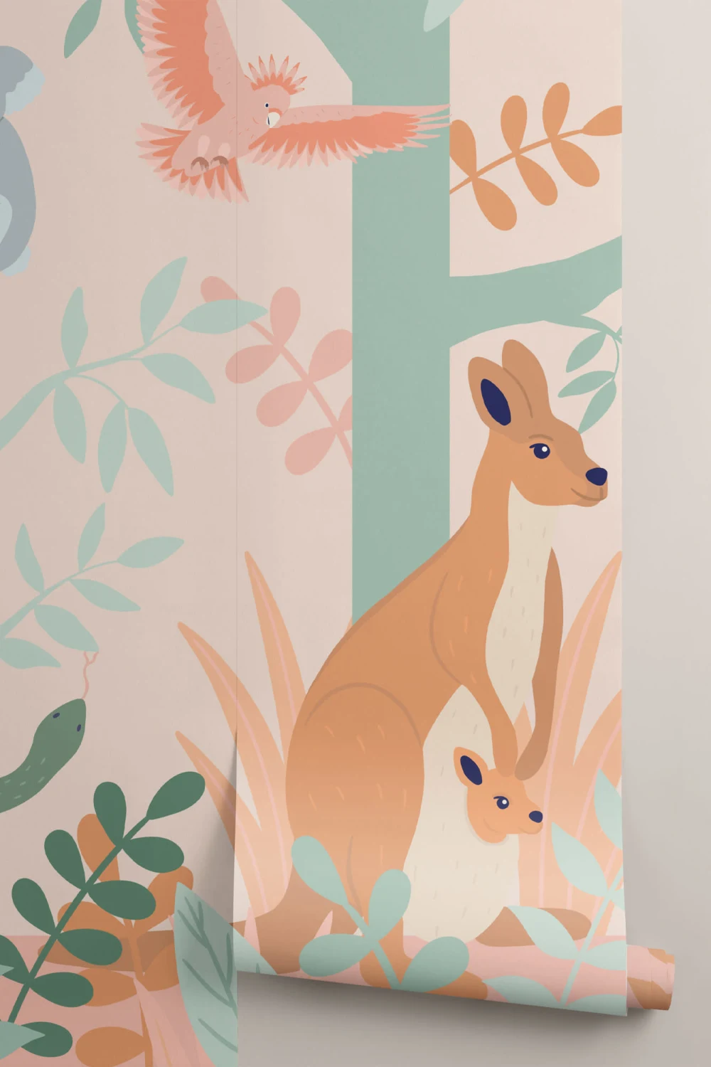 Mural Papel Pintado Infantil en Estilo Dibujos Animados con Koalas y Canguros en la Jungla Australiana