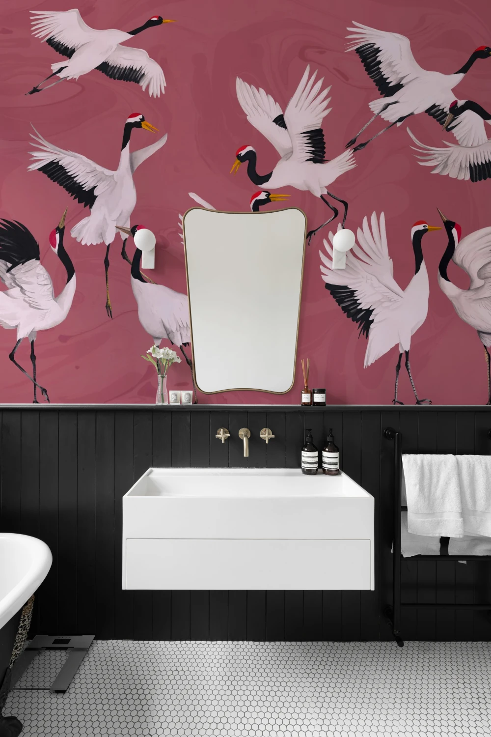 Flying Japanese Cranes Pink Painted Wallpaper Mural