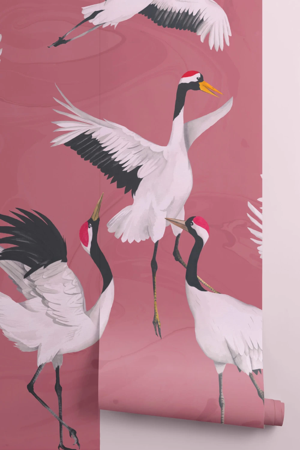 Flying Japanese Cranes Pink Painted Wallpaper Mural