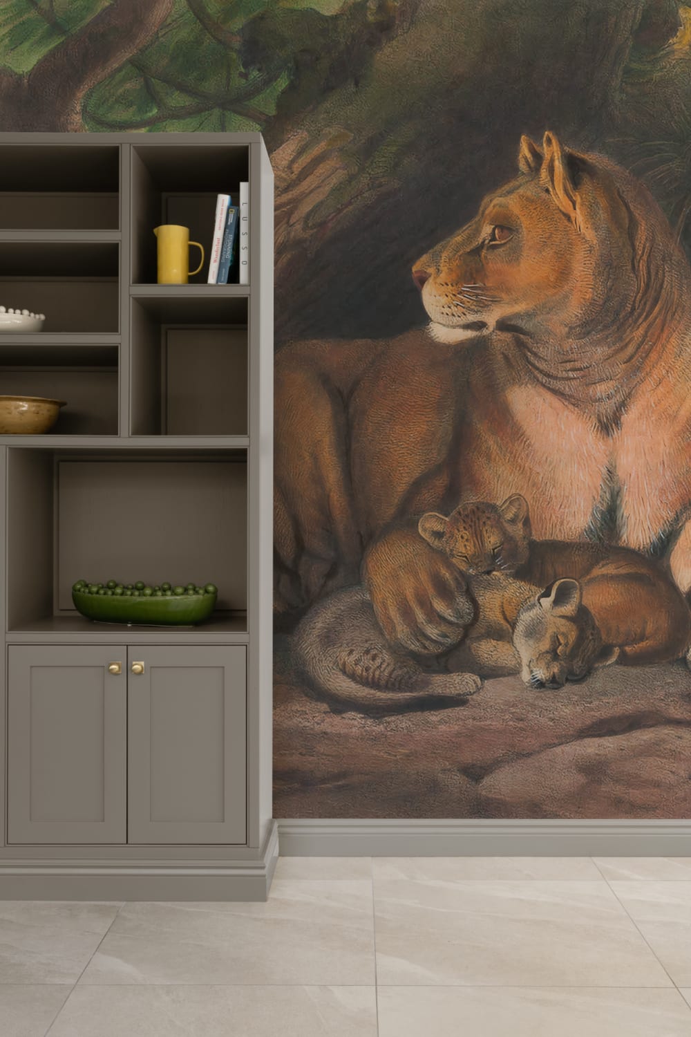 Mural de parede Panthera pintado à mão com leões e filhotes por Joseph Wolf