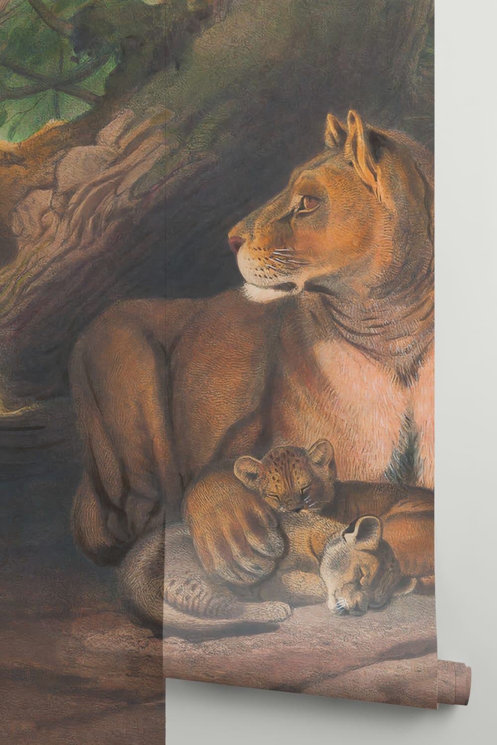 Mural de parede Panthera pintado à mão com leões e filhotes por Joseph Wolf