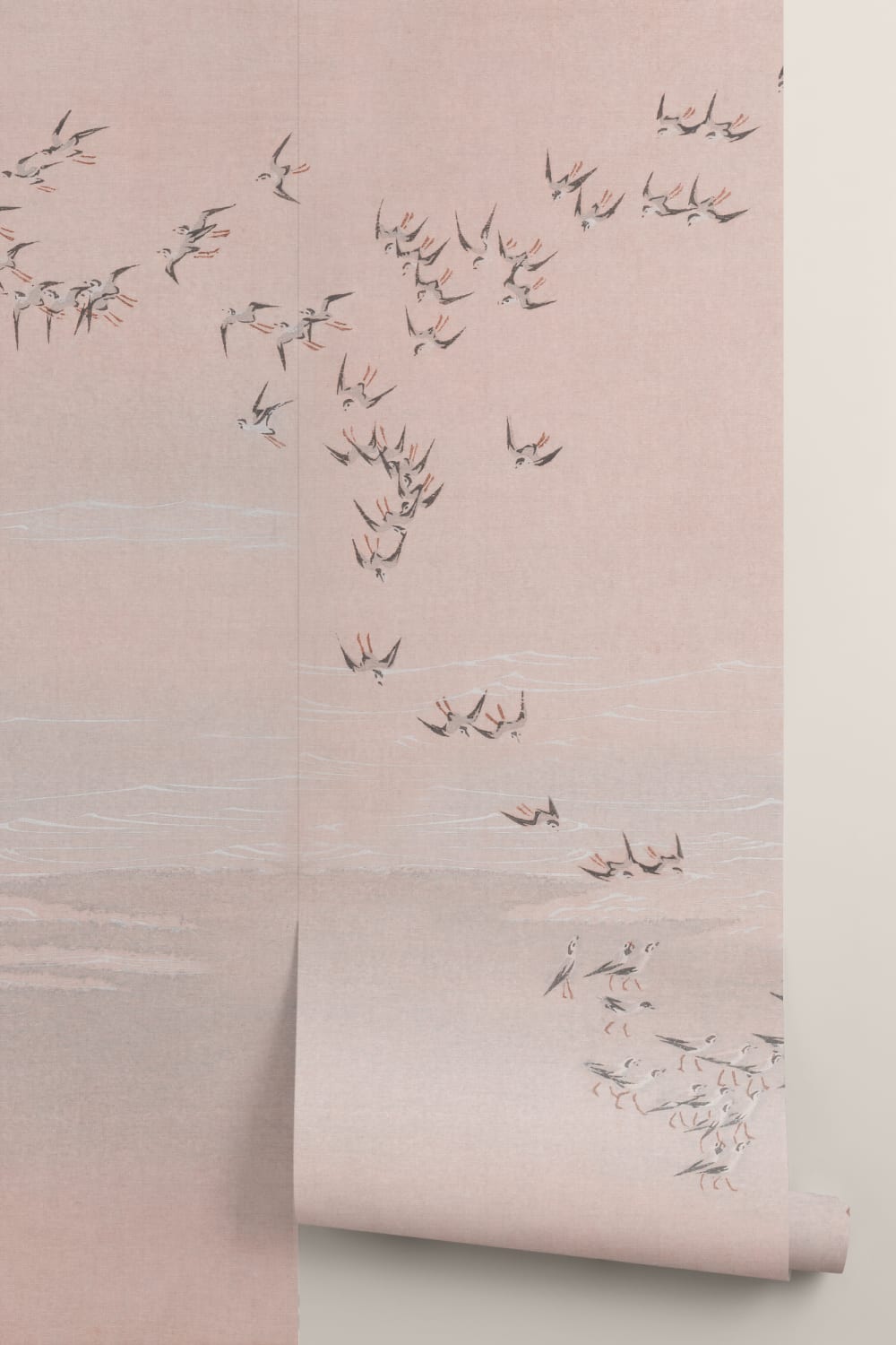 Roze vogelpop Landschap Pastel Muurschildering
