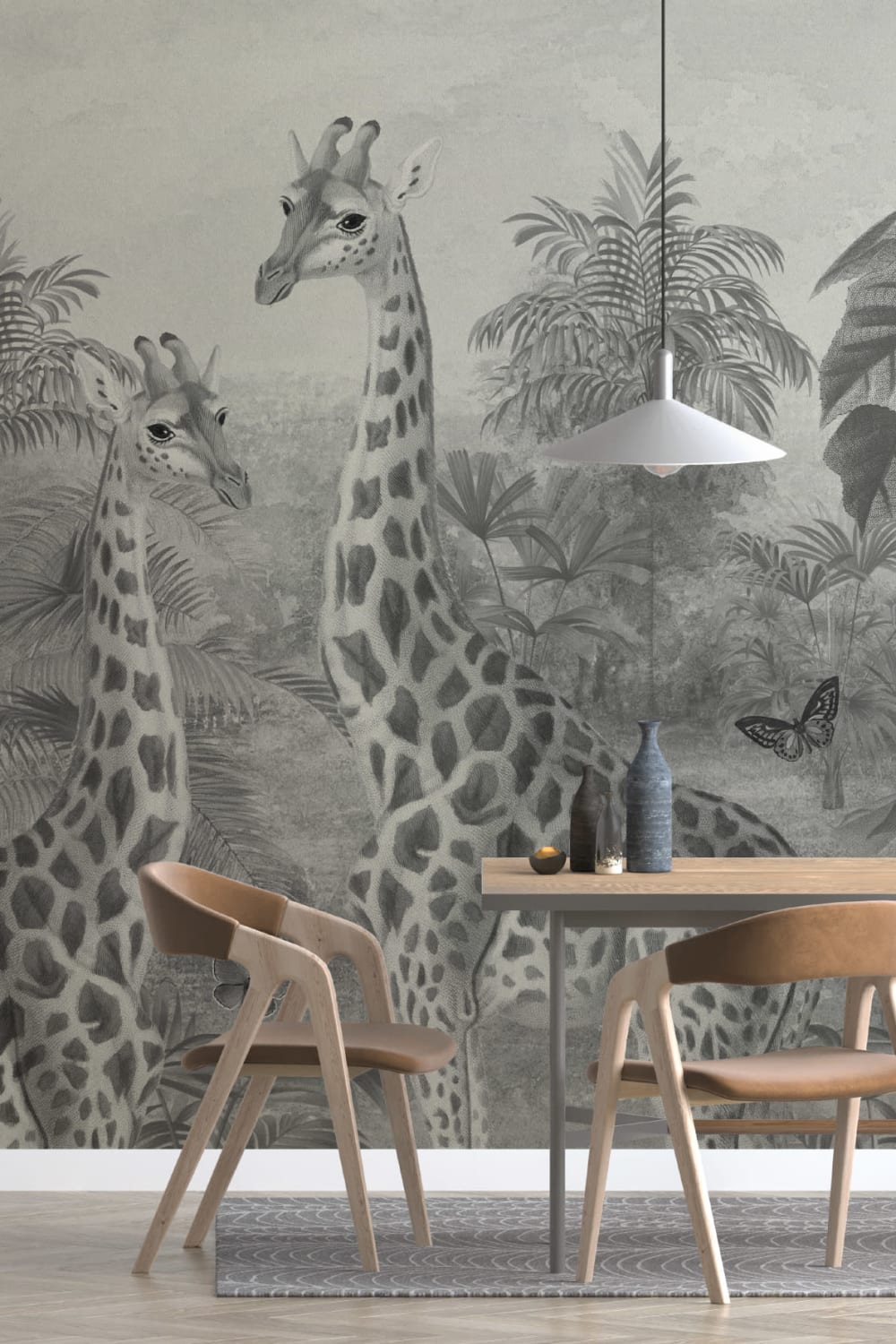 Grey Vintage Tropical Giraffe Illustration Mural