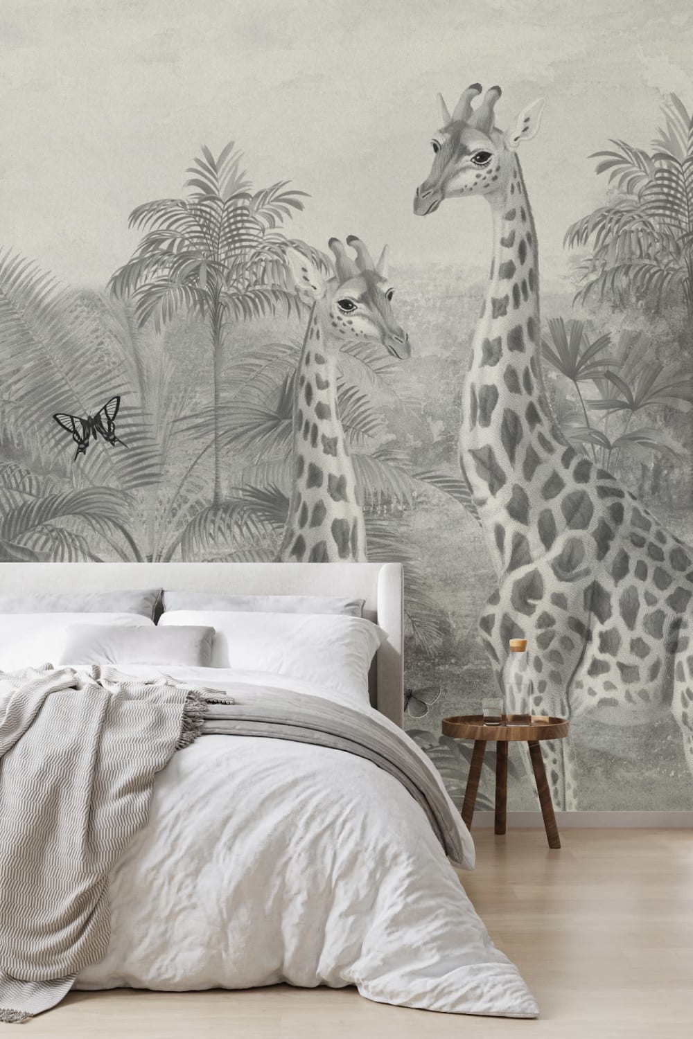 Grey Vintage Tropical Giraffe Illustration Mural