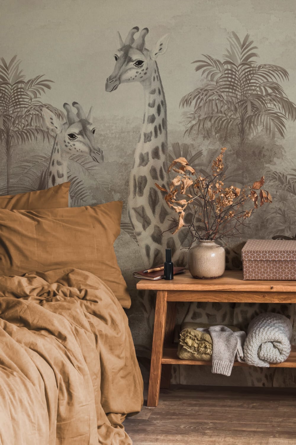 Beige Vintage Tropical Giraffe Illustration Mural