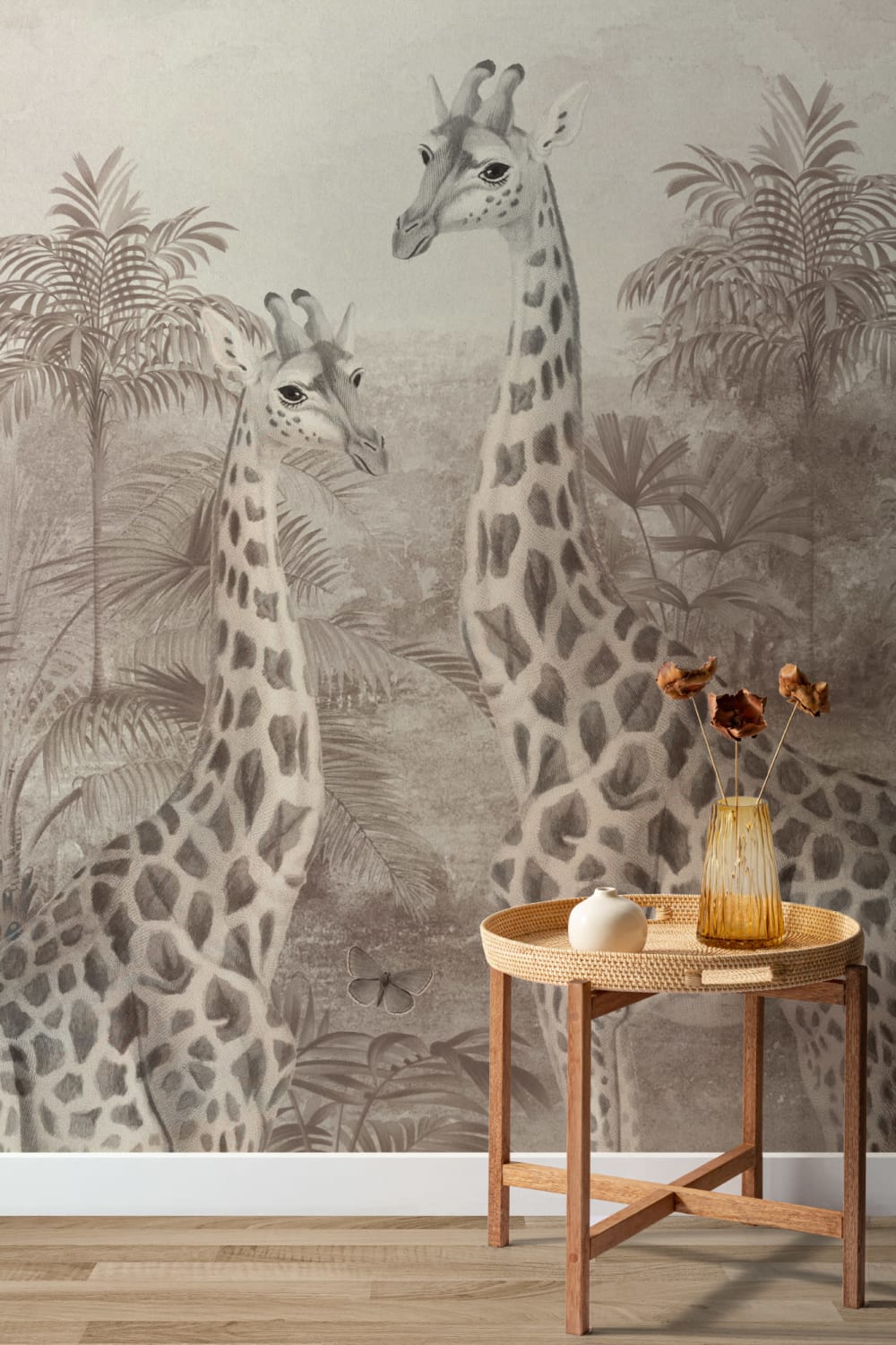 Beige Vintage Tropical Giraffe Illustration Mural
