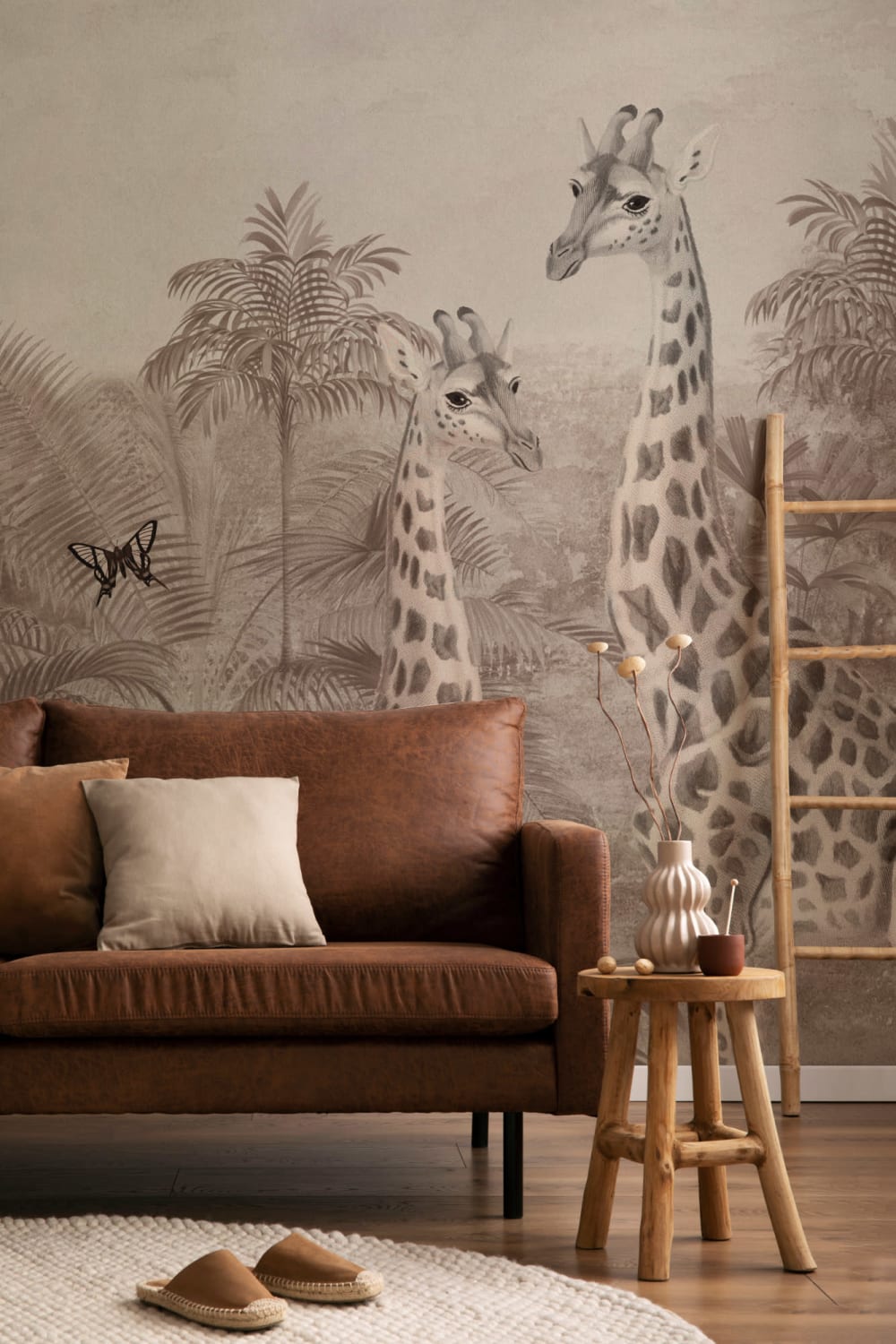 Beige Vintage Tropical Giraffe Illustration Mural