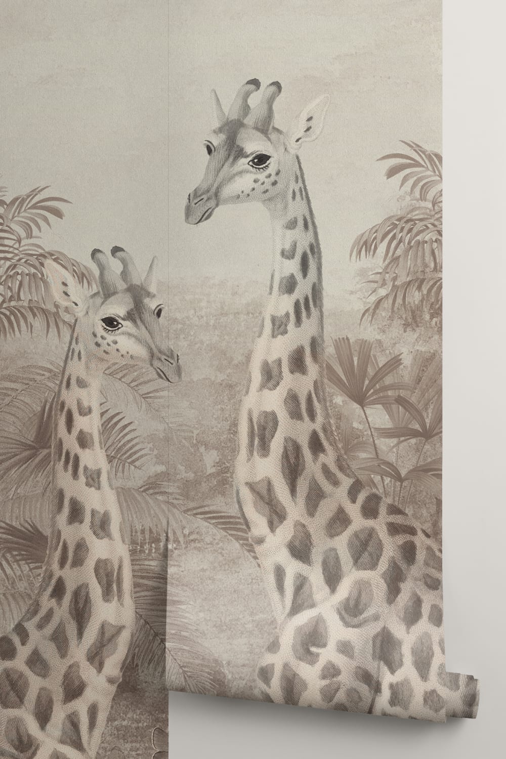 Beige Vintage Tropical Giraffe Illustration Mural