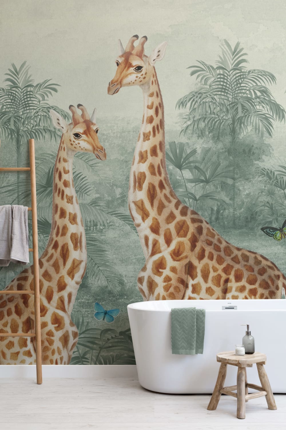 Green Vintage Tropical Giraffe Illustration Mural
