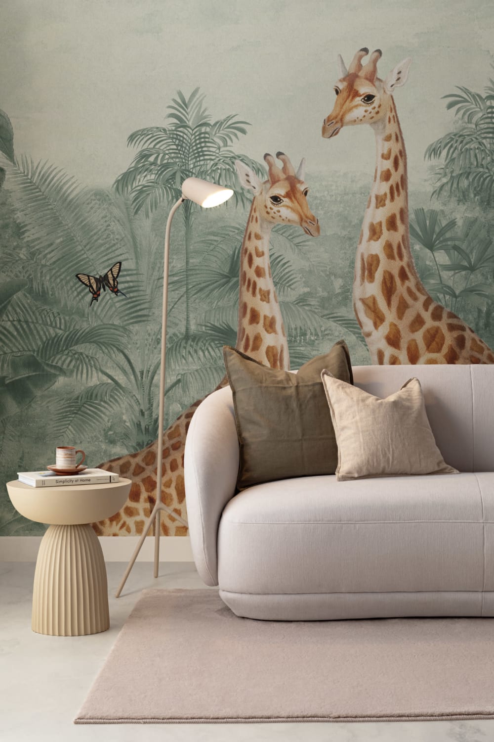 Green Vintage Tropical Giraffe Illustration Mural