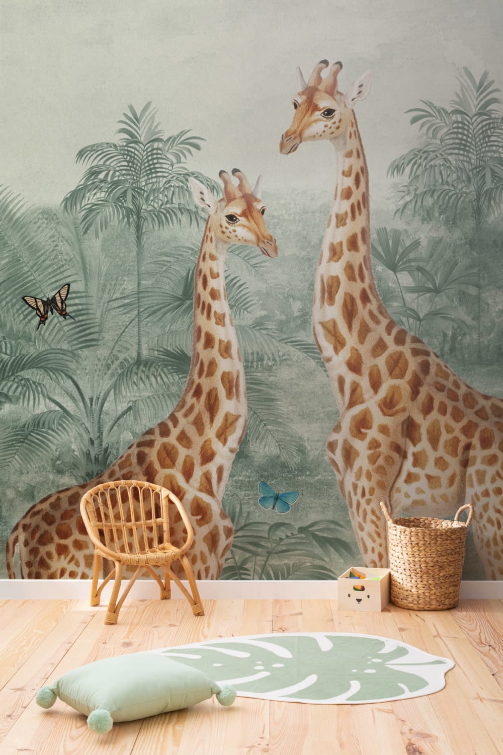 Green Vintage Tropical Giraffe Illustration Mural