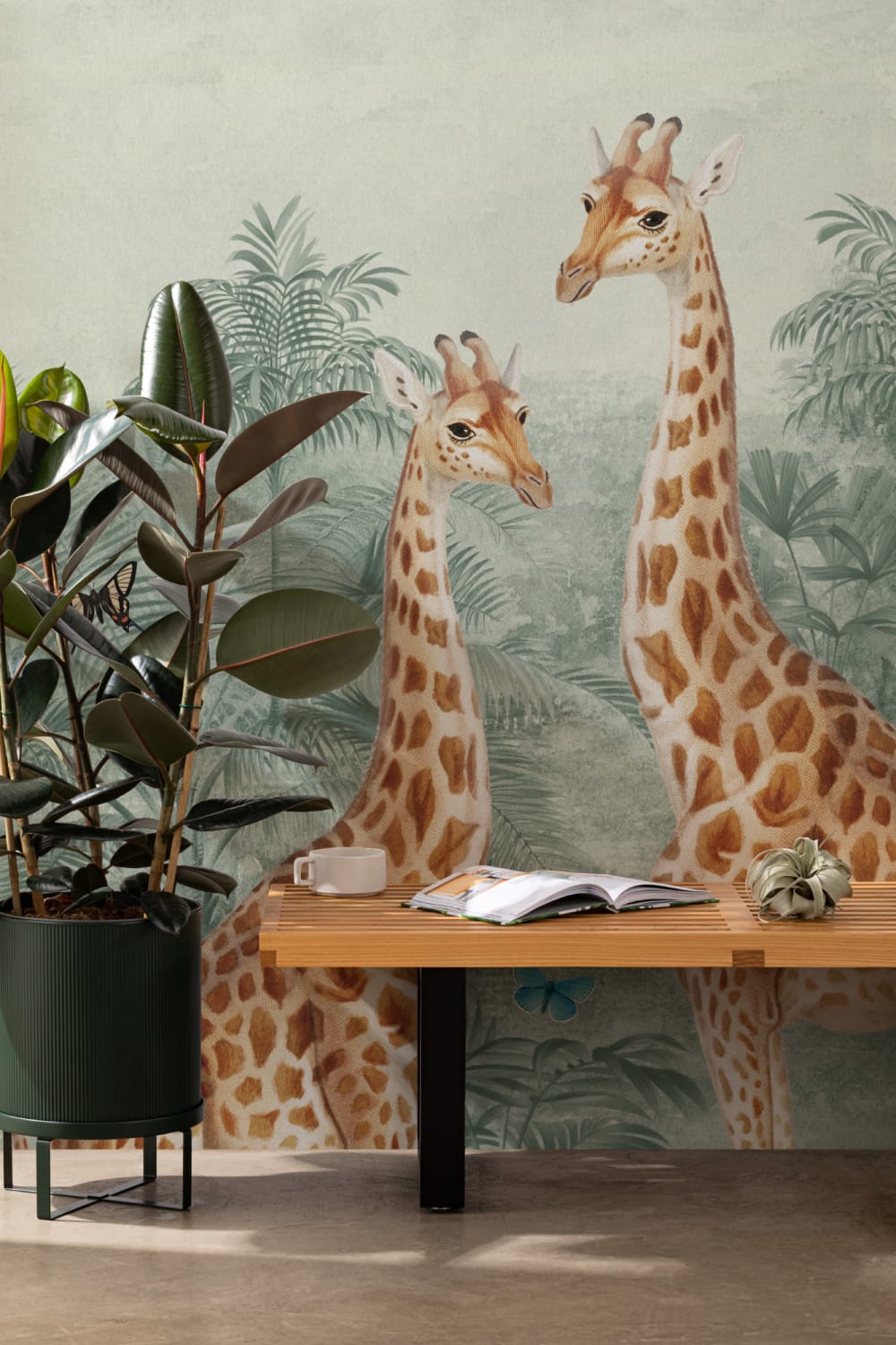 Green Vintage Tropical Giraffe Illustration Mural