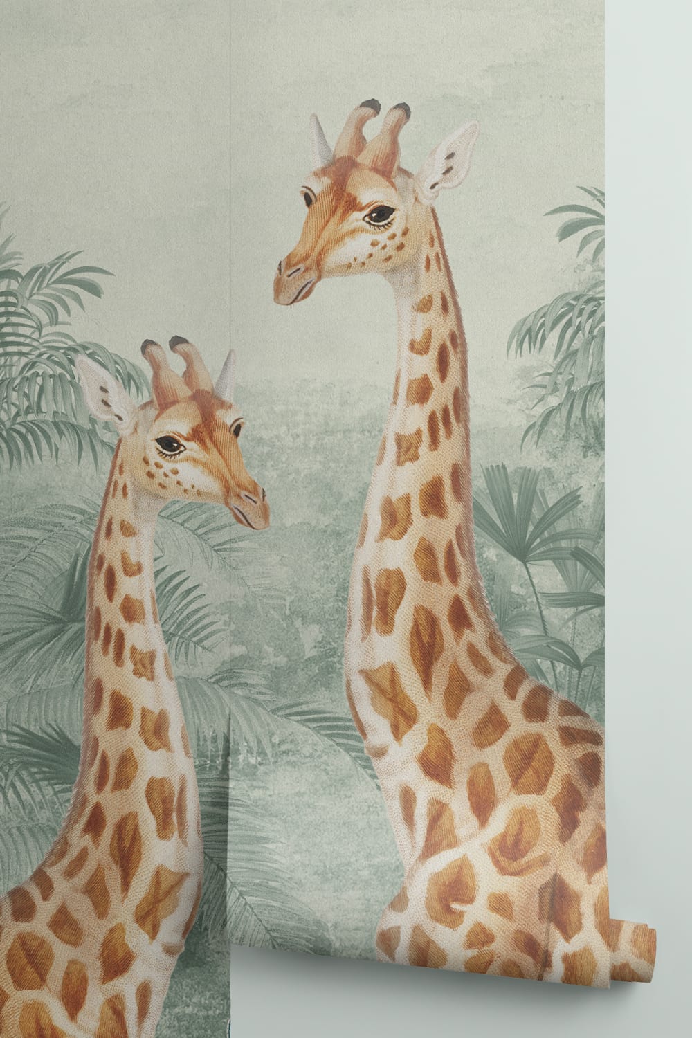 Green Vintage Tropical Giraffe Illustration Mural