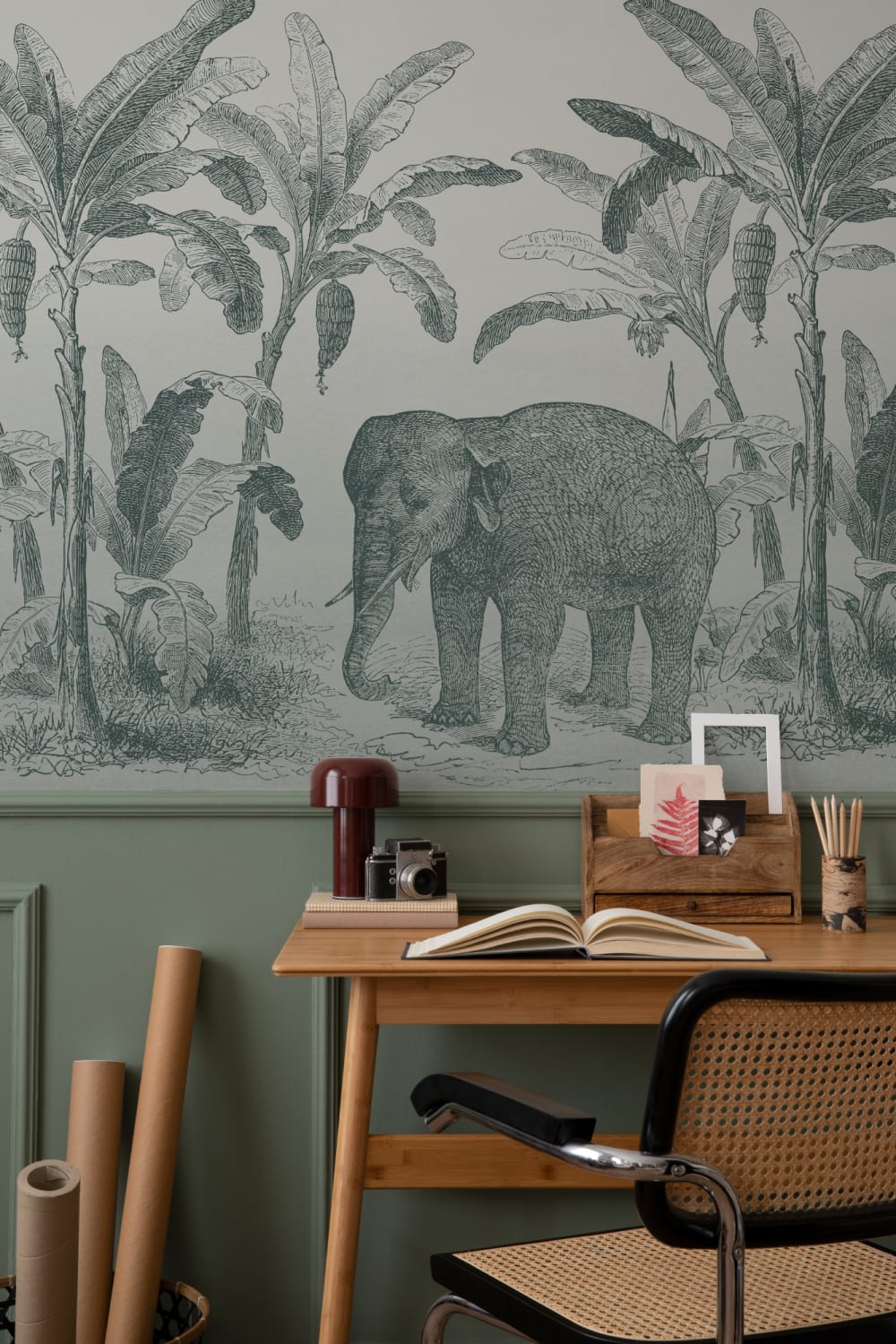 Teal Vintage Explorer Elephant Wallpaper Mural