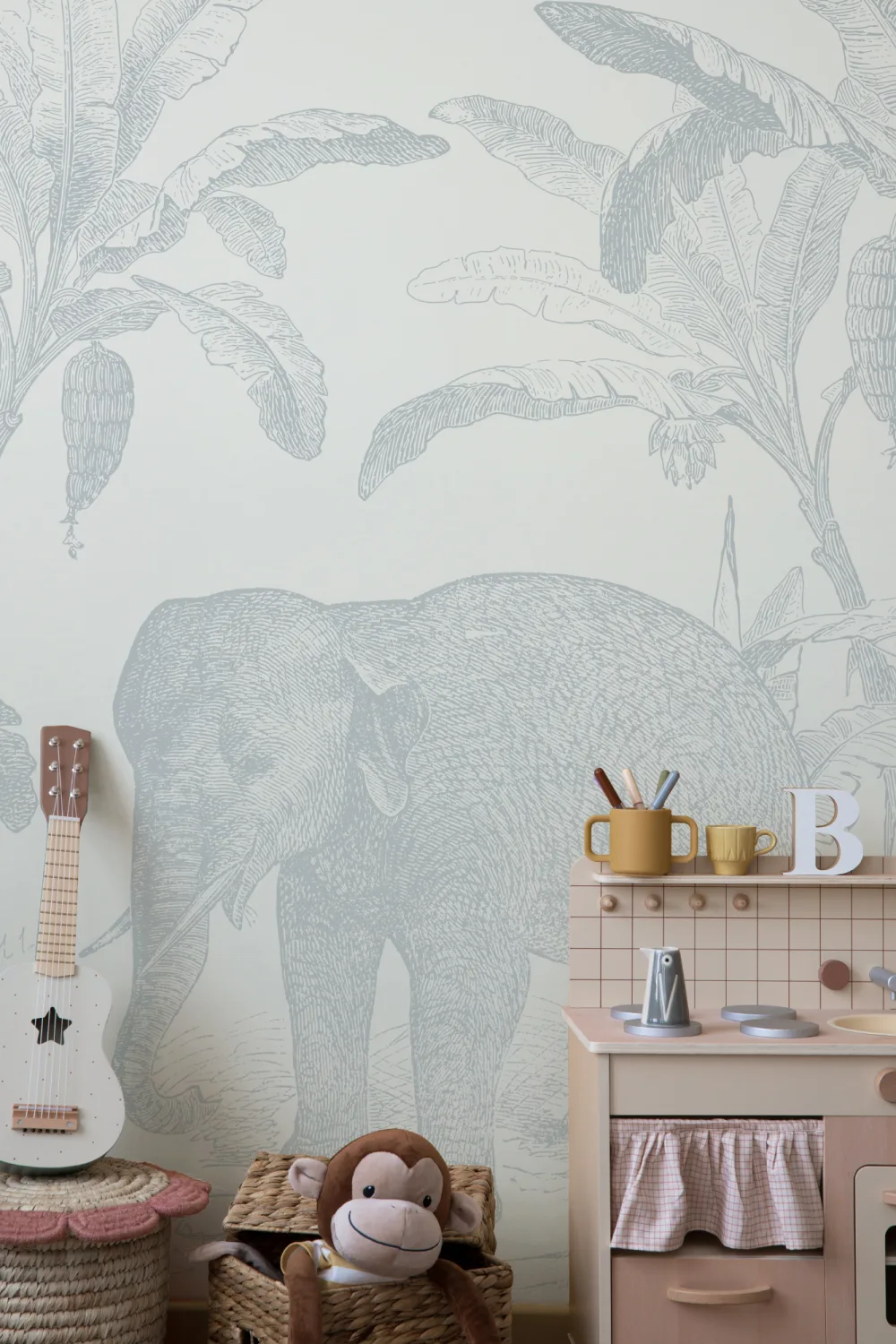 Blue Vintage Explorer Elephant Wallpaper Mural