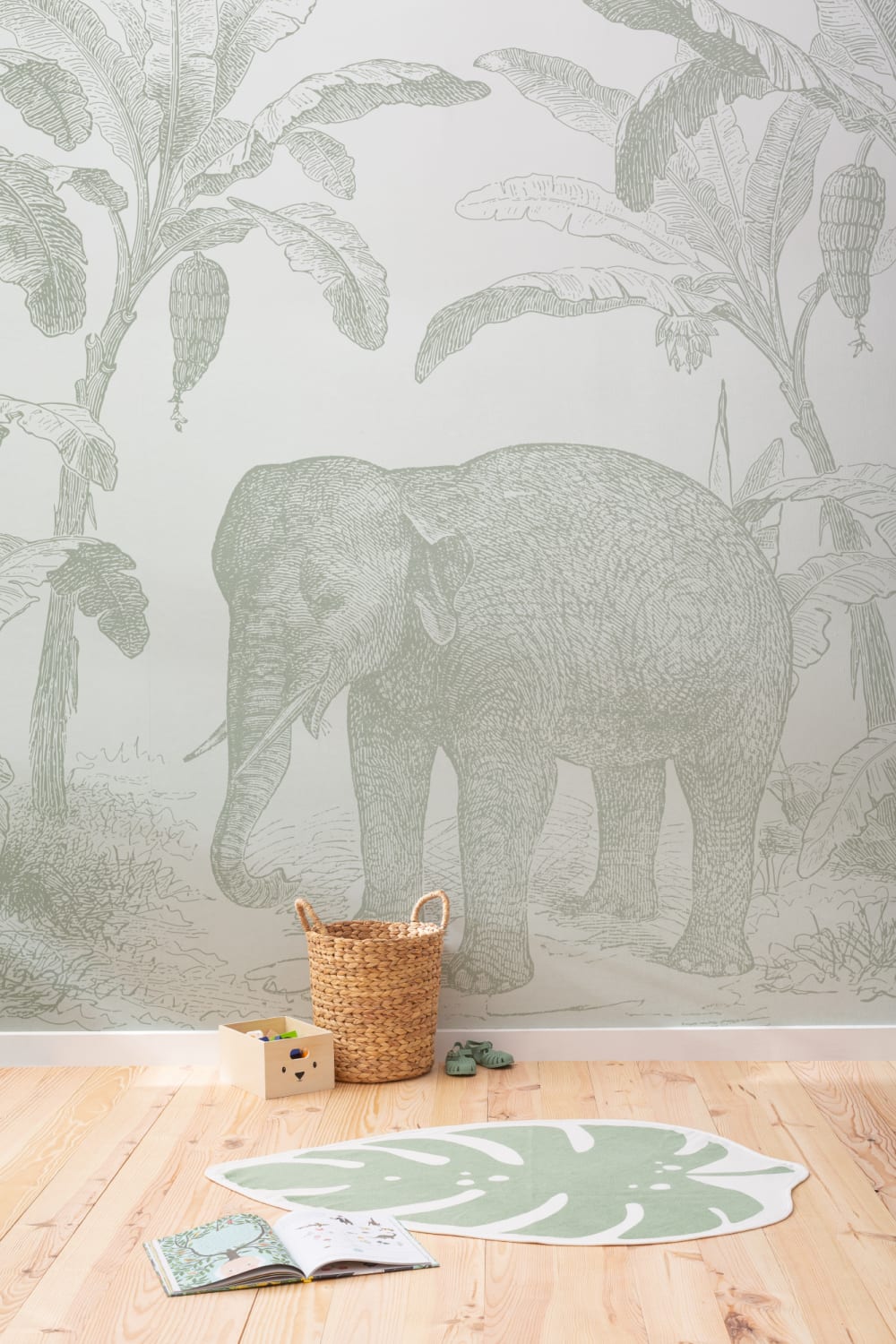 Carta da parati Elefante esploratore verde salvia