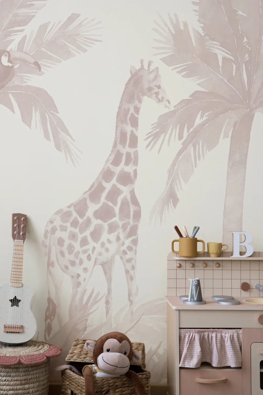 Pink Watercolor Jungle Nursery Wallpaper Mural
