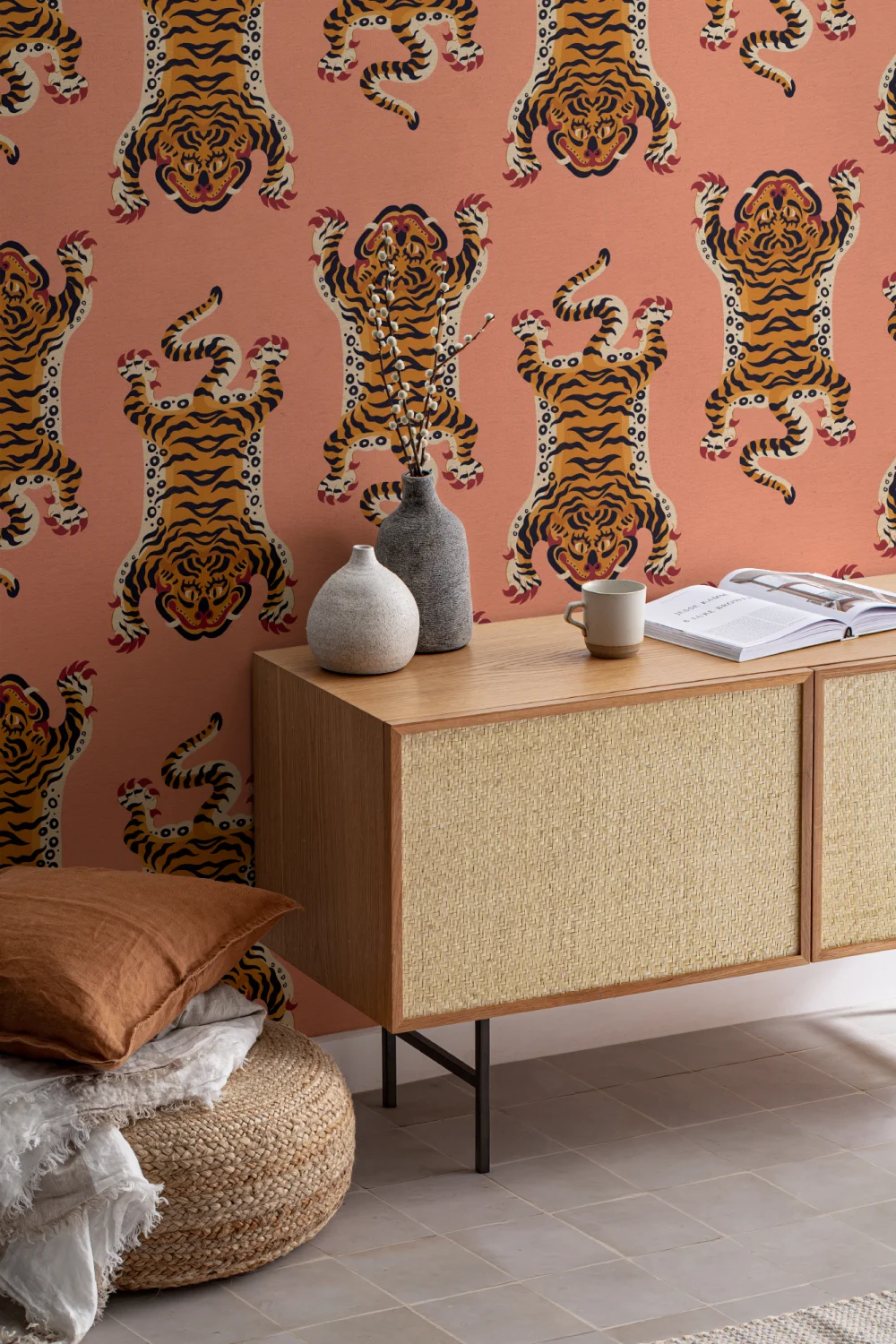 Orange Tibetan Tiger Repeat Pattern Wallpaper